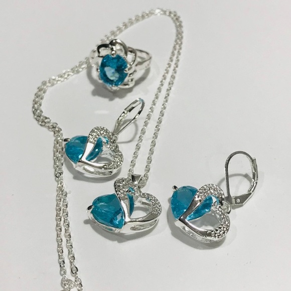 Aquamarine Topaz White Gold Filled Set
Double Heart Necklace & Earrings, + - Picture 7 of 9